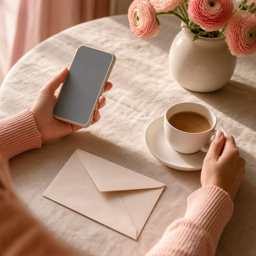 A calm morning at the kitchen table — a phone, a coffee, and a folded envelope on a cream linen tablecloth