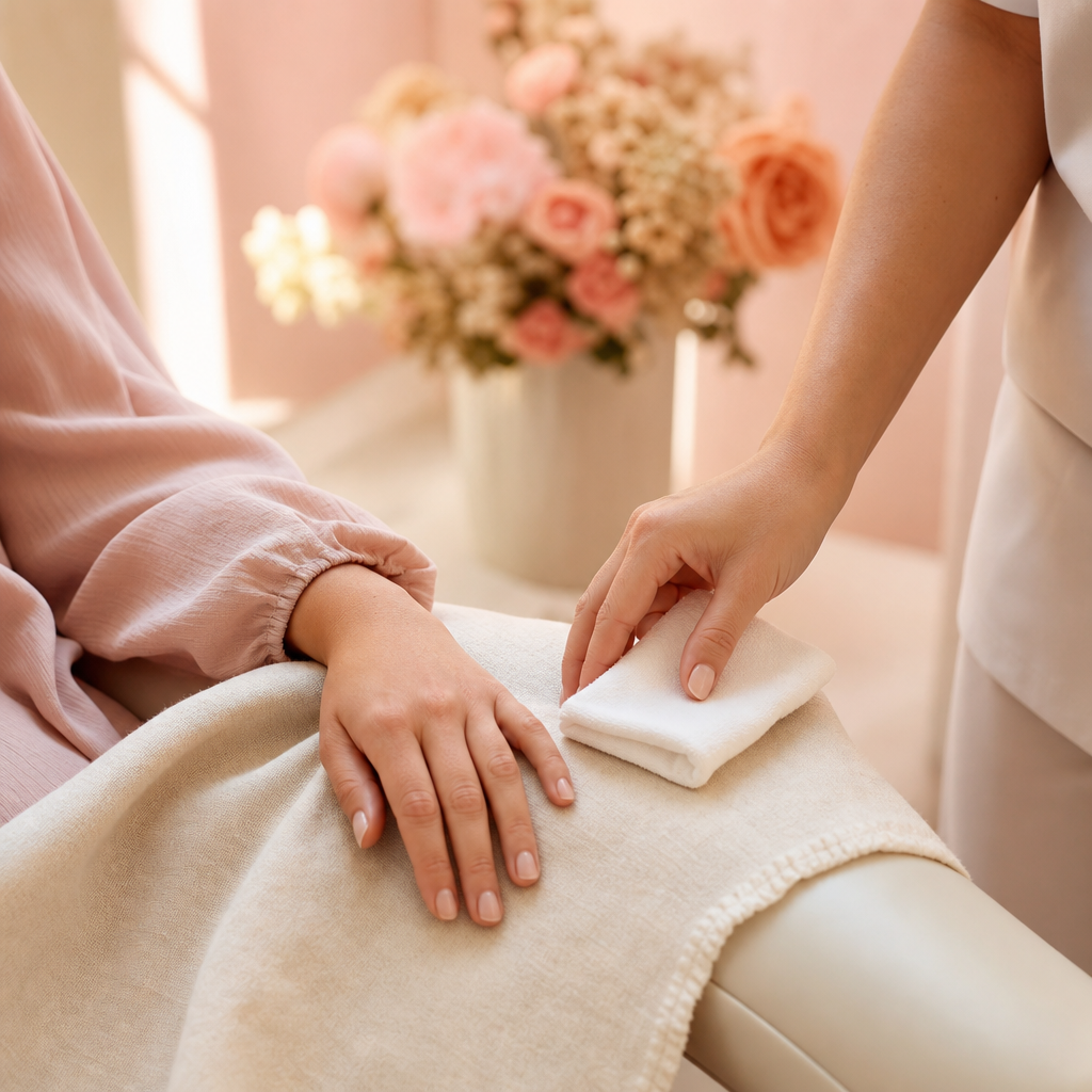 A hygienist gently places a folded cloth on the chair armrest beside a patient's relaxed hand