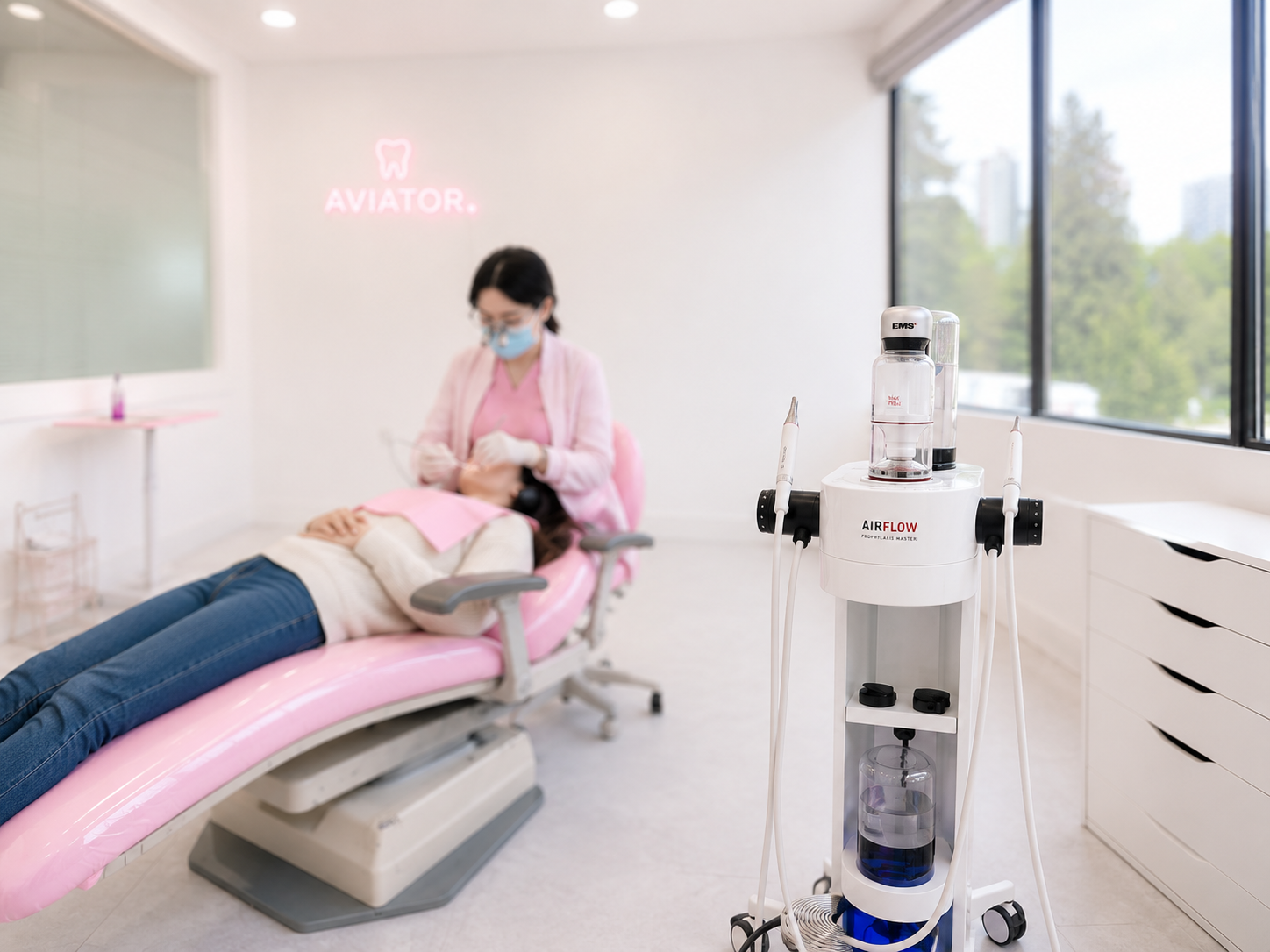 A modern spa-style treatment room with a soft cream reclining chair, dusty pink wall, and a small vase of coral flowers