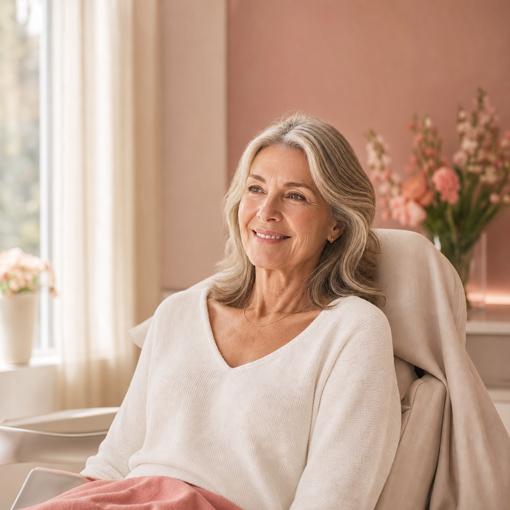 An older adult patient sitting up after a cleaning, with a relaxed satisfied smile