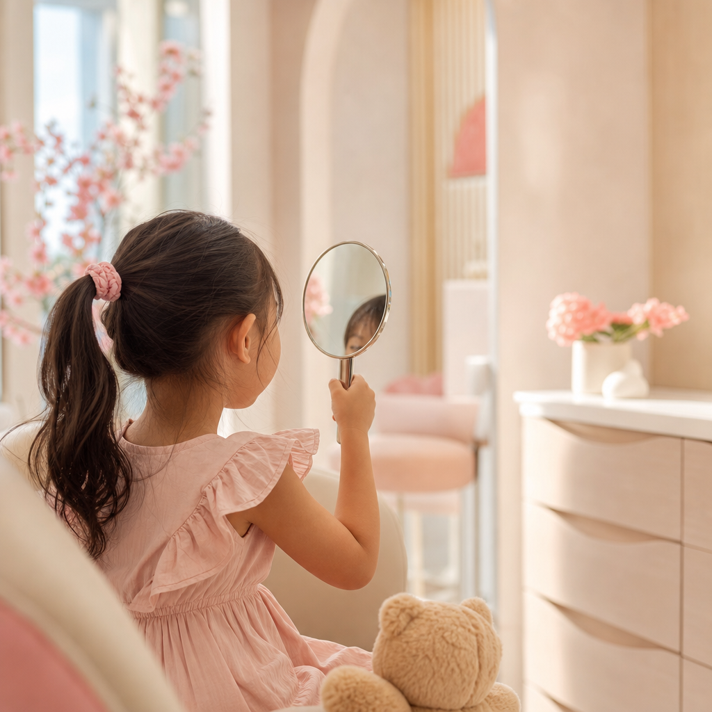 A child looking into a hand mirror at their teeth, curious and engaged, warm friendly clinic setting