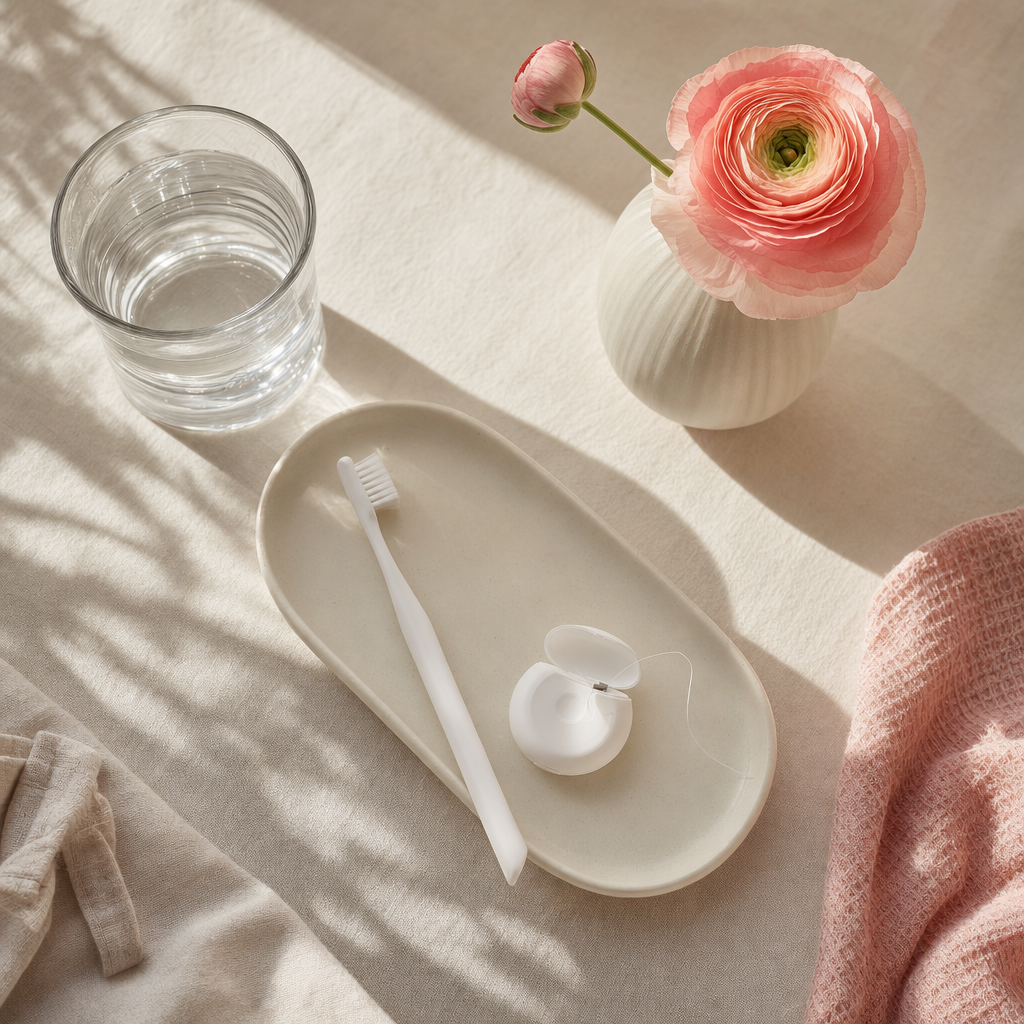 A bathroom counter in soft morning light with a glass of water, a toothbrush, and a small container of floss on a cream tray