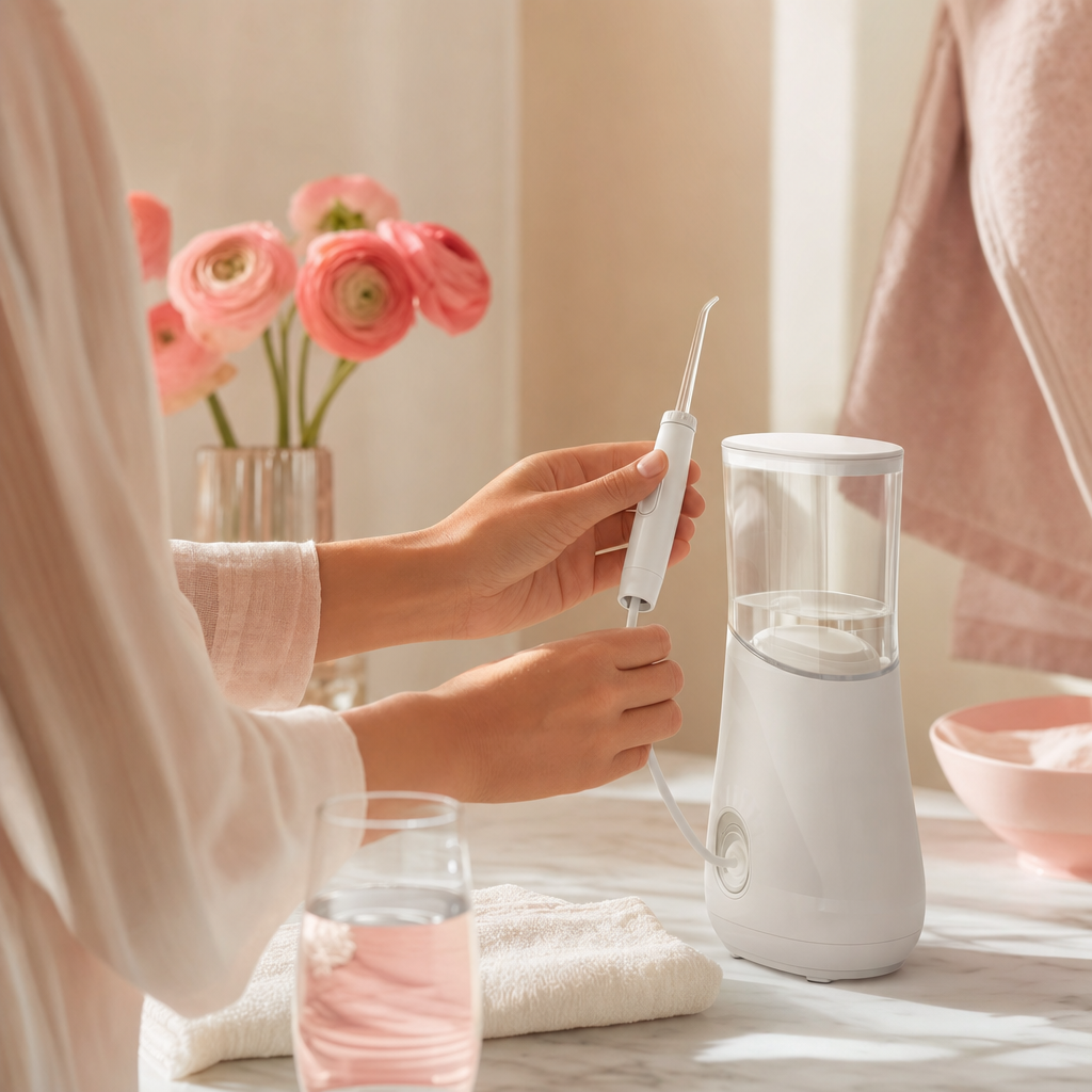 A modern white countertop water flosser on a bright bathroom counter, mid-use, with soft-focus hands holding the wand