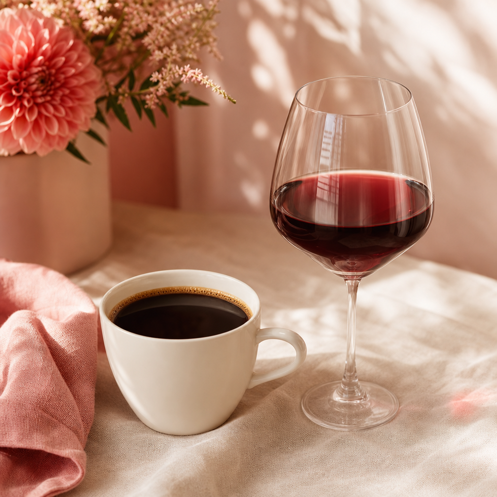 A cup of coffee and a glass of red wine on a counter beside a bright natural smile, soft daylight