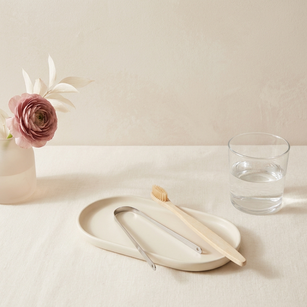 A simple tongue scraper and a soft toothbrush resting on a ceramic tray on a bright bathroom counter