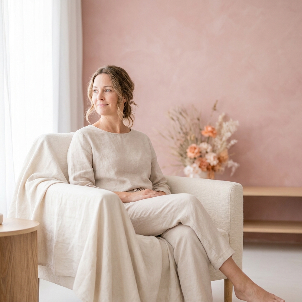 A person sitting comfortably in a bright, calm hygiene clinic chair, relaxed and mid-conversation