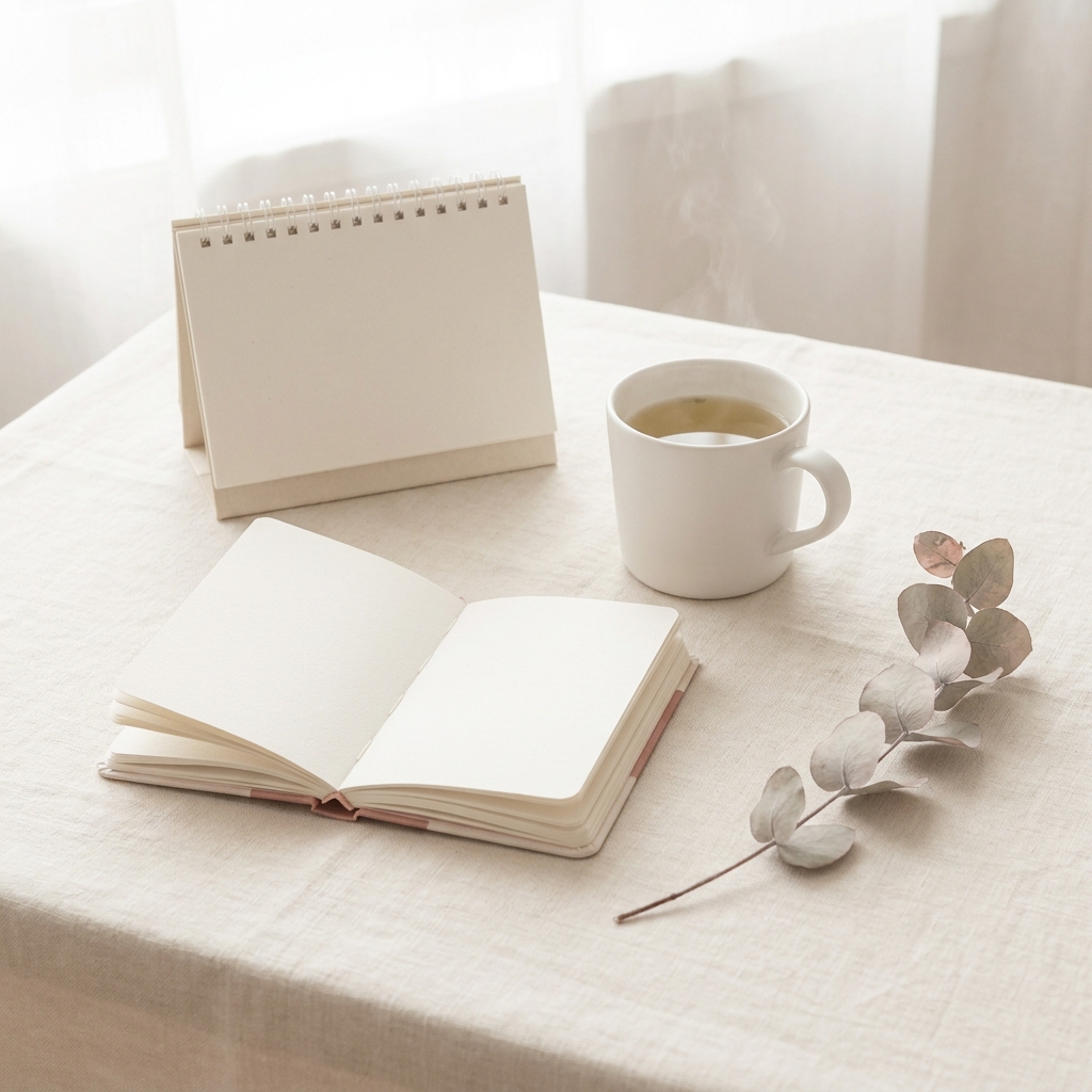 An open notebook and a wall calendar on a warm linen surface beside a cup of tea, soft morning daylight