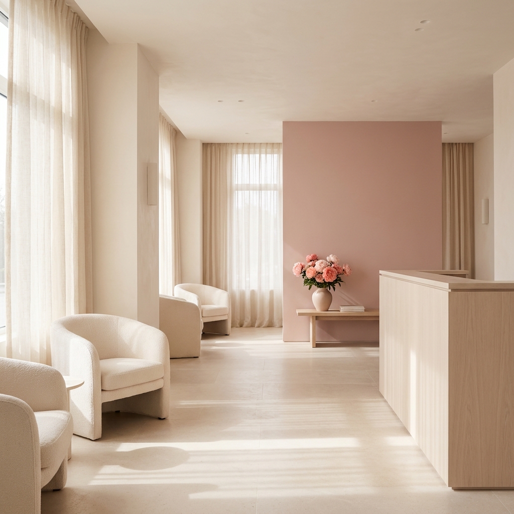A calm, sunlit clinic reception area with cream and soft coral tones