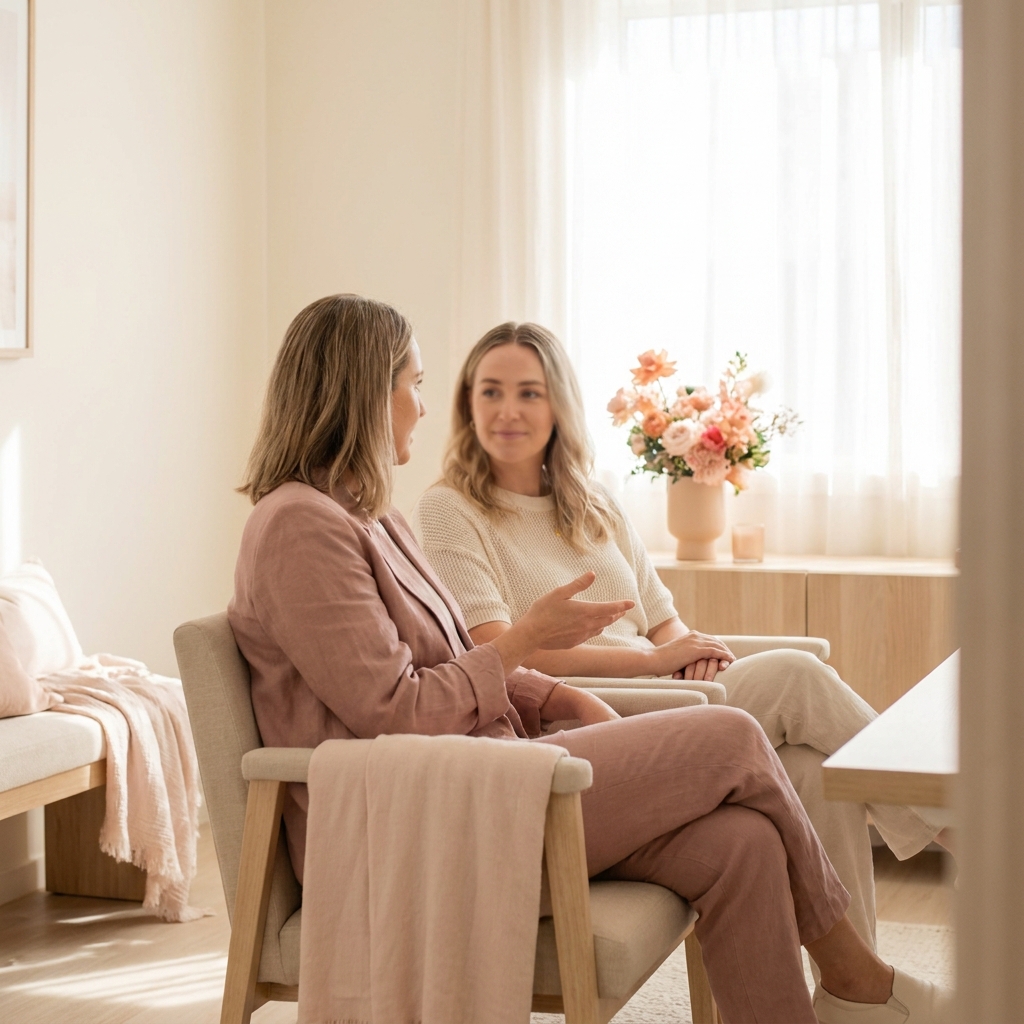 A hygienist and patient talking comfortably in a bright treatment room, relaxed and unhurried